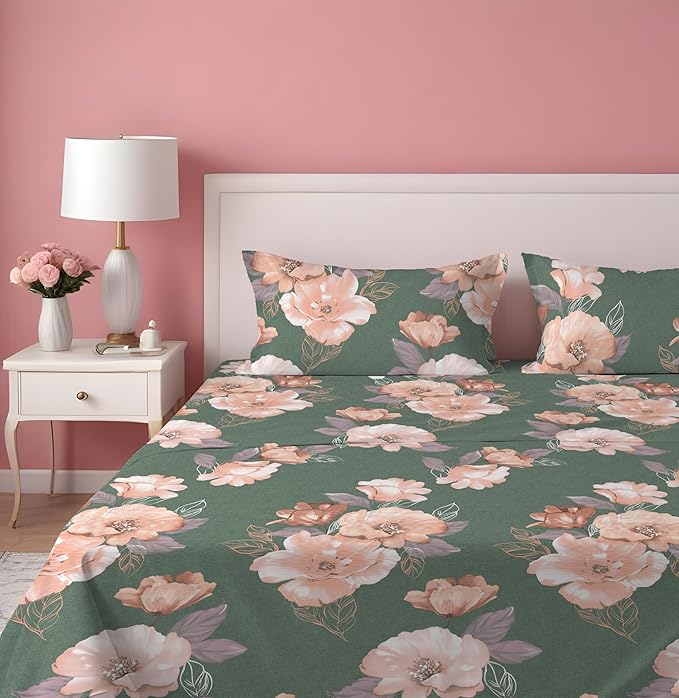 Dreamlet Presents Luxurious Supersoft Cotton Feel 210tc King Size Elastic Fitted Double Bedsheets With 2 Pillow Covers | Green