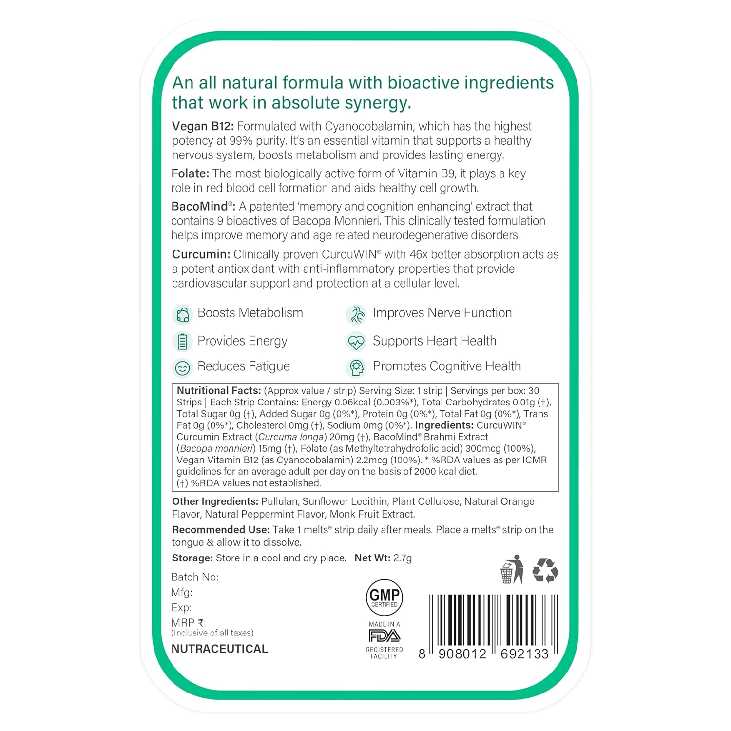 Wellbeing Nutrition Melts Vegan Vitamin B12 Supplements for men & women | Memory Booster and Brain, Heart & Nervous System Support with B12, Folate, Brahmi & CurcuWIN | 30 Oral Thin Strips