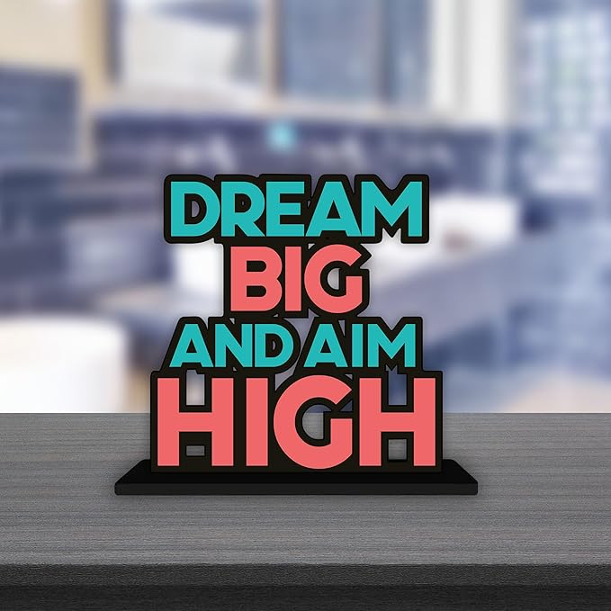 Artvibes Wooden Idols and Figurine Dream Big and Aim High Motivational Quotes Table Decor for Office Desk Showpiece