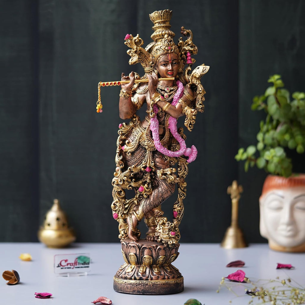 Ecraftindia Golden Standing Lord Krishna Idol Playing Flute Statue for Home