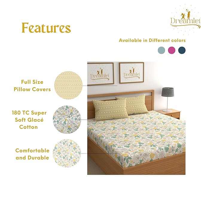 Dreamlet Premium Cotton Flat Double Bedsheets With 2 King Size Pillow Covers Double Bed Breathable | Yellow
