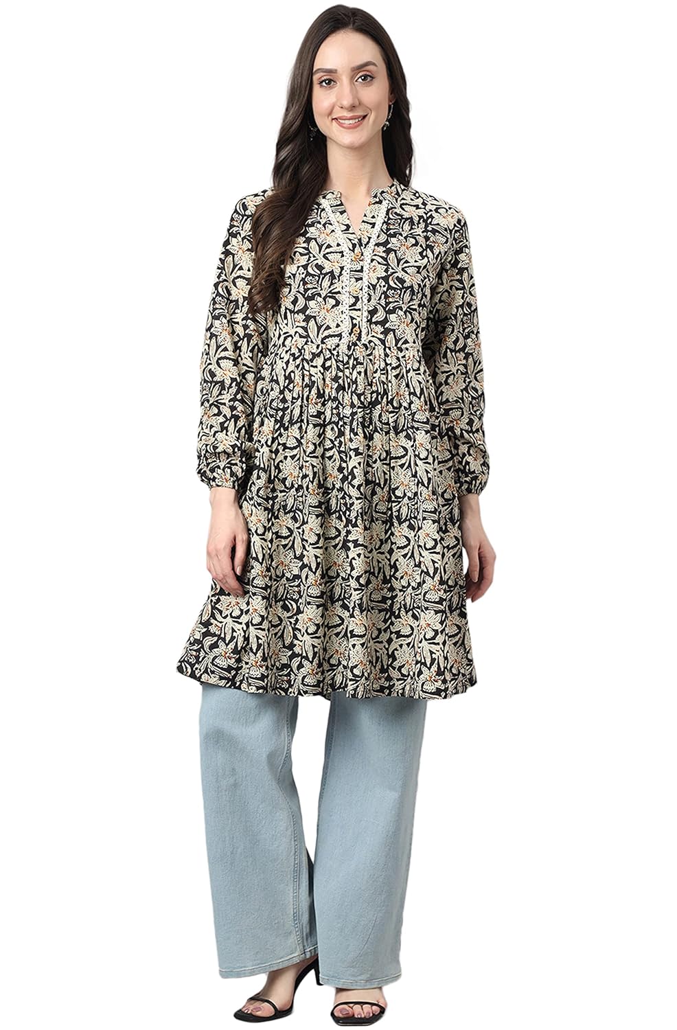 Janasya Women's Black Cotton Floral Print Flared Tunic