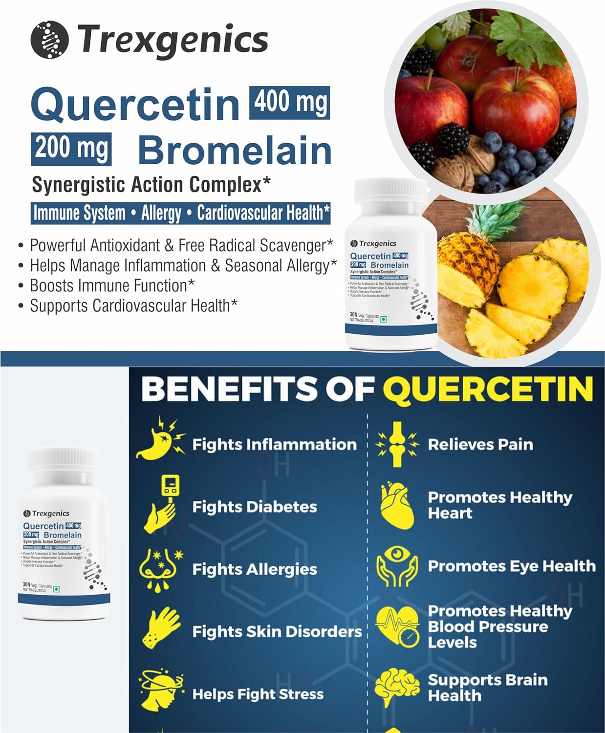 Trexgenics QUERCETIN 400 mg, BROMELAIN 200 mg Synergistic Action Respiratory Health, Immunity, Cardiovascular Health VEGAN & NON-GMO (30 Veg. Capsules) (Pack of 1)