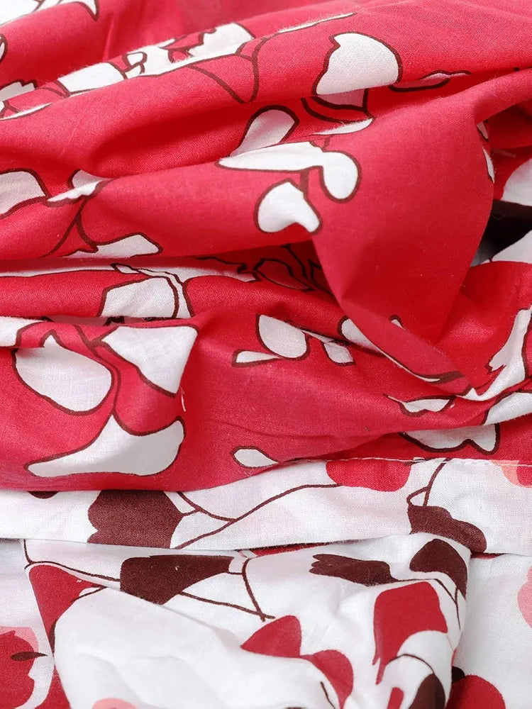 Trance Home Linen Cotton Malmal Double Dohar 84"x90"  TC - 200 Colour Red White Leaves Abstract Reversible