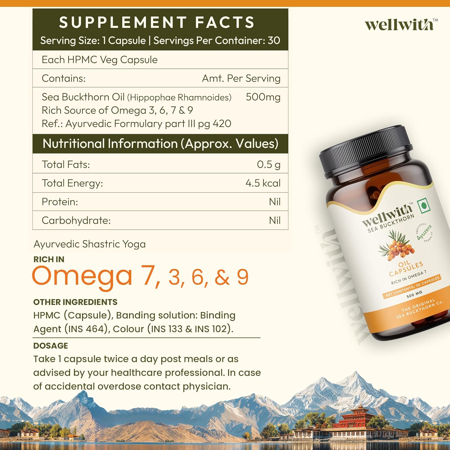 Wellwith (Ayuzera) Sea Buckthorn Berry Oil Vegan Omega 7 500mg, 30 Veg HPMC Capsules (Pack of 1), 15-Day Supply| Sea buckthorn capsules rich In Omega 3, 6, 7 & 9 For Muscle, Bone, Heart & Skin