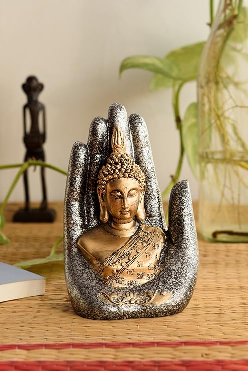 Ecraftindia Golden, Silver & Black Resin Handcrafted Palm Buddha Statue