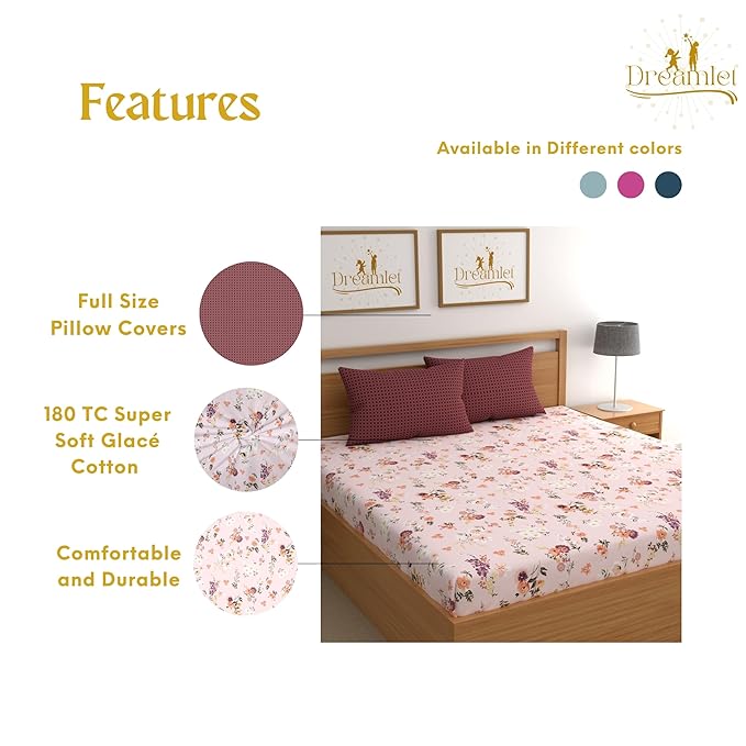 Dreamlet Premium Cotton Flat Double Bedsheets With 2 King Size Pillow Covers Double Bed Breathable | Pink