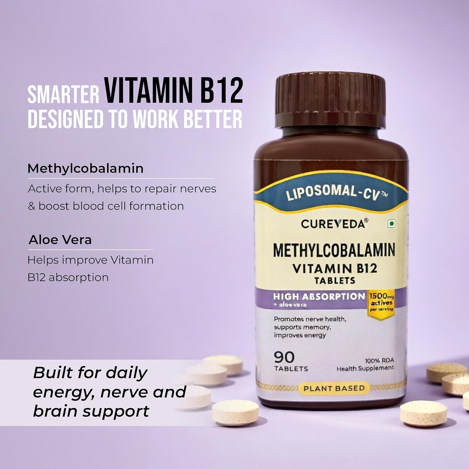 Cureveda Liposomal Vitamin B12 1500 mcg Active Methylcobalamin Aloe Vera | High Absorption Tablets for Nerve Health, Memory & Energy | 90 Tablets (90 Day Pack)