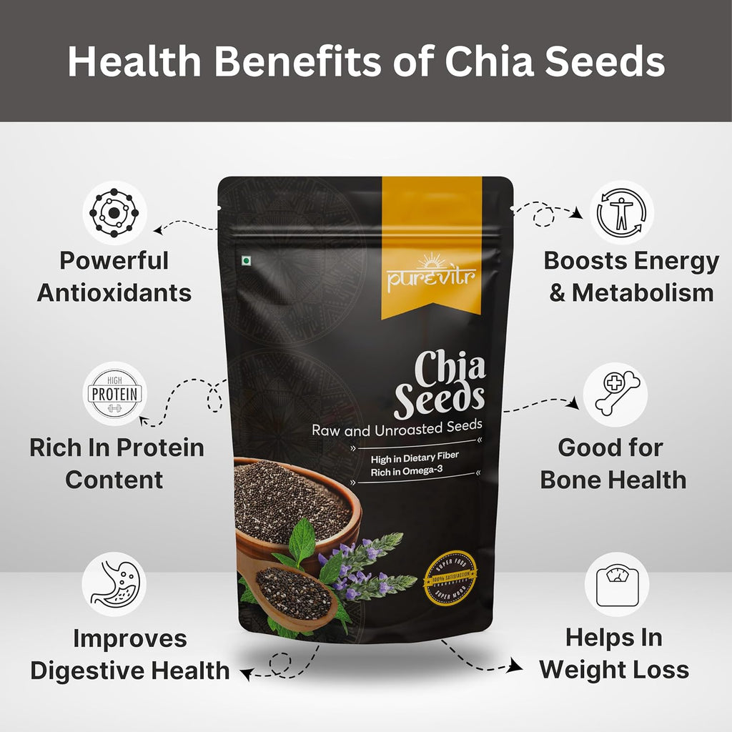 Purevitr Chia Seeds | 200g | Raw Chia Seeds for eating | Protein Rich Superfood | Immunity Booster, High in Calcium, Fiber & Antioxidants | Healthy Snacks | No Preservatives (Pack of 1)