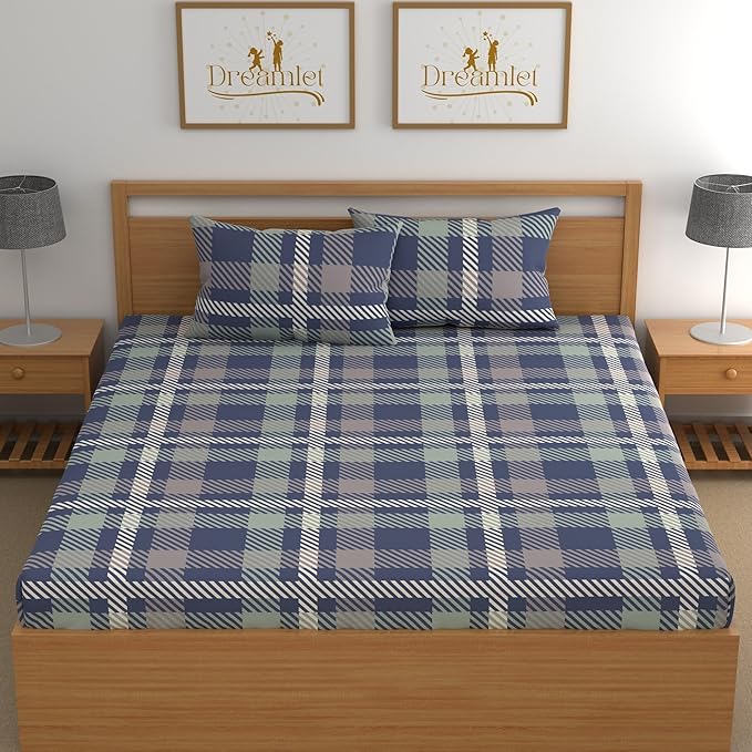 Dreamlet All Around Elastic Supersoft 210tc Premium Cotton Elastic Fitted Bedsheets With 2 King Size Pillow Covers | Blue and White