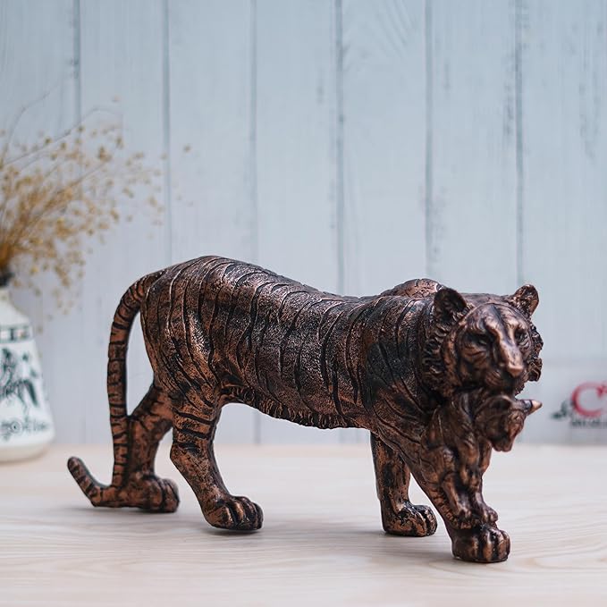 Ecraftindia Rustic Brown Polyresin Lioness With Cub Statue Animal Figurine Decorative Showpiece