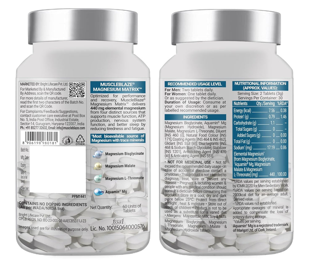 MuscleBlaze Magnesium Matrix Tablets | 440mg Elemental Magnesium | Supports Performance, Recovery & Sleep