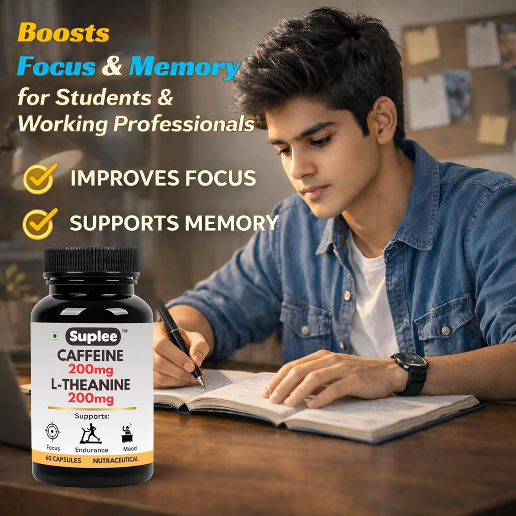 Suplee Caffeine 200mg & L-Theanine 200mg, Focus & Alertness Support, Pre-Workout & Study Aid, 60 Veg Capsules