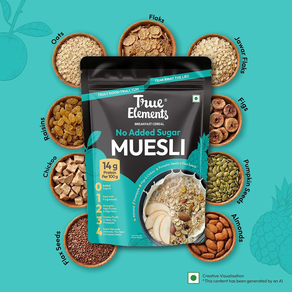 True Elements No Added Sugar Muesli 1kg - Protein muesli -14g protein per 100g | Clean Label Breakfast Cereal | No hidden sugar | Millet Muesli with Jowar | High Fibre