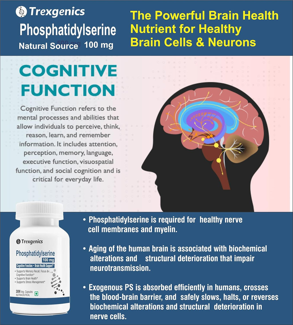 Trexgenics PHOSPHATIDYLSERINE 100 mg from Phospholipid Complex 143 mg, Cognitive Function, Brain Health Support (30 Veg Capsules)