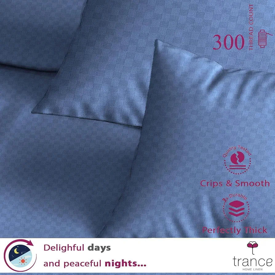Trance Home Linen 100% Cotton Premium 300TC Jacquard Weave Fitted Bedsheet for King Size Bed with 2 Pillow Cover Skin Friendly Colour Med Blue