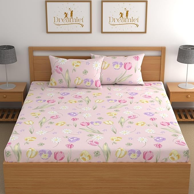 Dreamlet All Around Elastic Supersoft 210tc Premium Cotton Elastic Fitted Bedsheets With 2 King Size Pillow Covers | Pink and Lavender