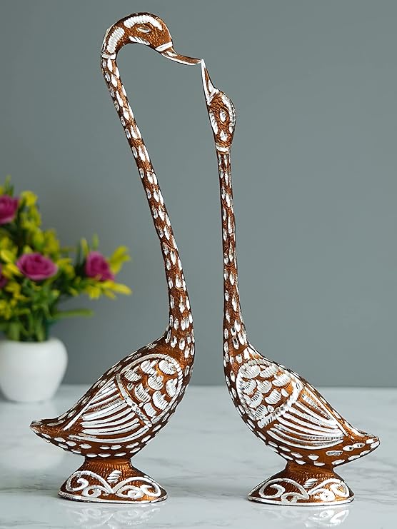 Ecraftindia Brown Metal Handcrafted Kissing Swan Couple Statues Love Birds Figurines Decorative Showpieces