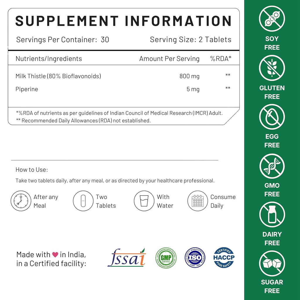 Nutrabud Milk Thistle Tablets With 800mg of 80% Silymarin - 60 Tablets - Liver Detox Supplement For Men And Women For Healthy Liver (60 Count (Pack of 1), Unflavoured)