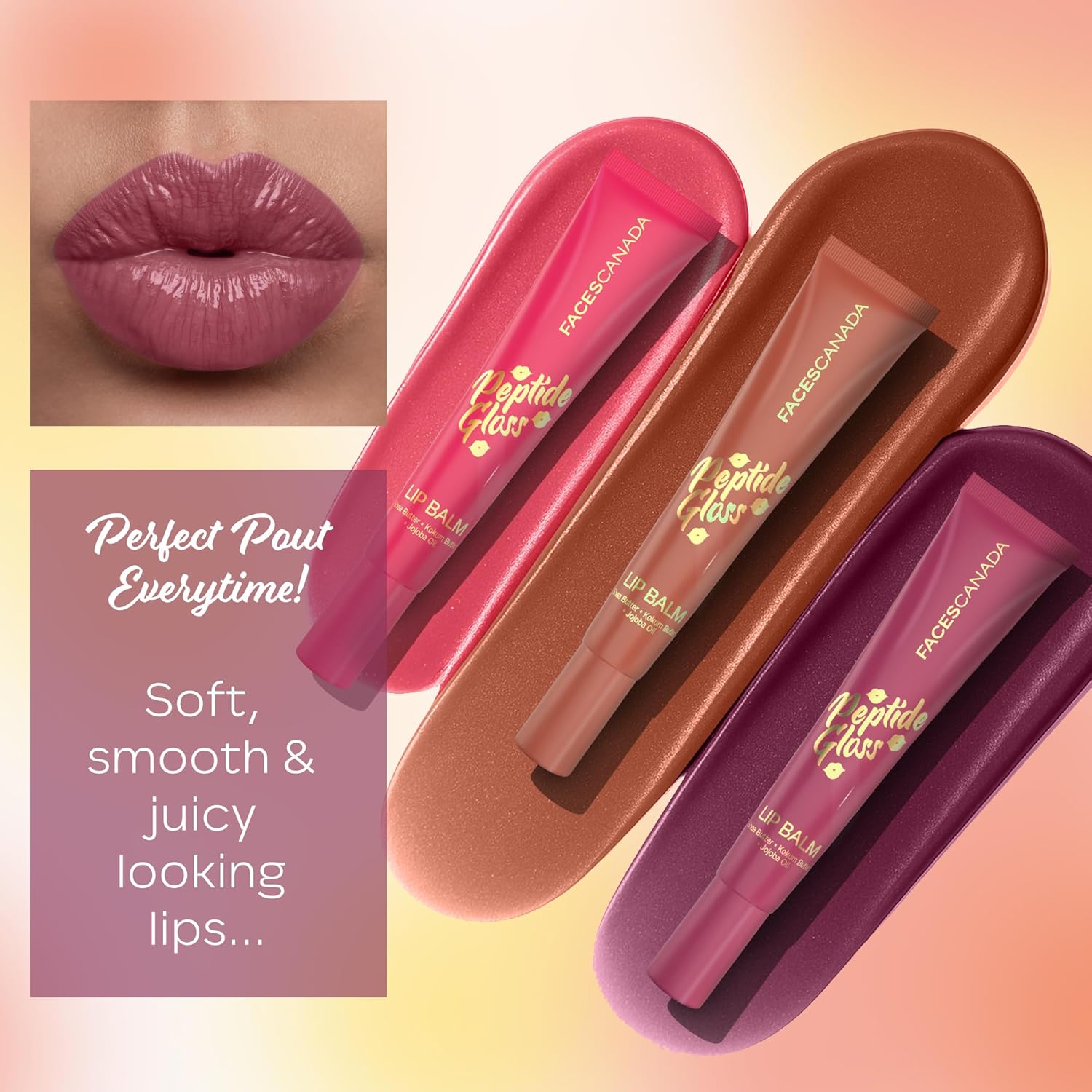 FACES CANADA Peptide Gloss Lip Balm - Cherry Charm 03, 10 ml | Tinted Lip Balm | Deeply Nourishing | Lightweight | Soft & Smooth Finish | Overnight Lip Treatment | With Butters & Hyaluronic Acid Infused