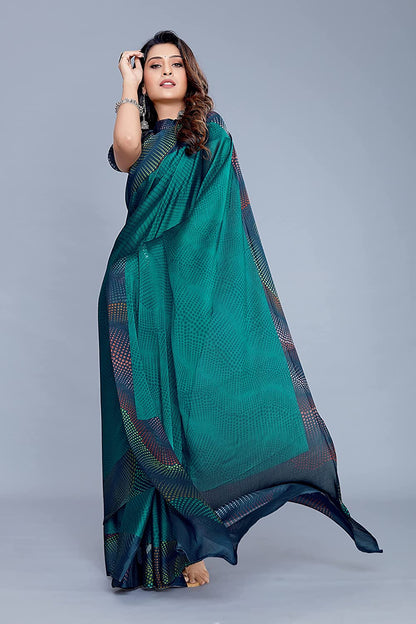 Mirchi Fashion Women's Teal Chiffon Colorful Moire Prints Saree