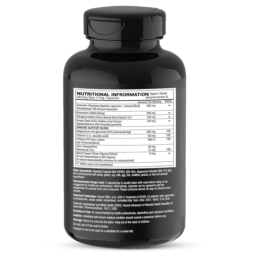 GREENDORSE Premium Quercetin with Bromelain, Stinging Nettle, Grape Seed, Vitamin C & D, Zinc, Magnesium – 8-in-1 Immune Support Supplement – Antioxidant, Allergy Relief, Cardiovascular & Respiratory Health – 60 Vegan Capsules