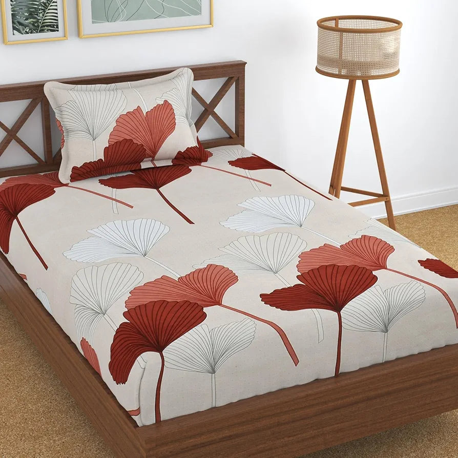 Homefab India 180 TC Microfiber Single BedSheet with 1 Pillow Cover Peach Floral