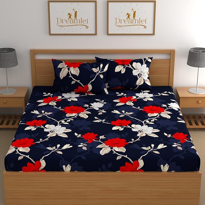 Dreamlet Elastic Fitted Bedsheets Double Bed Size, 180tc Glace Cotton Bedsheet With 2 Pillow Covers | Navy Blue