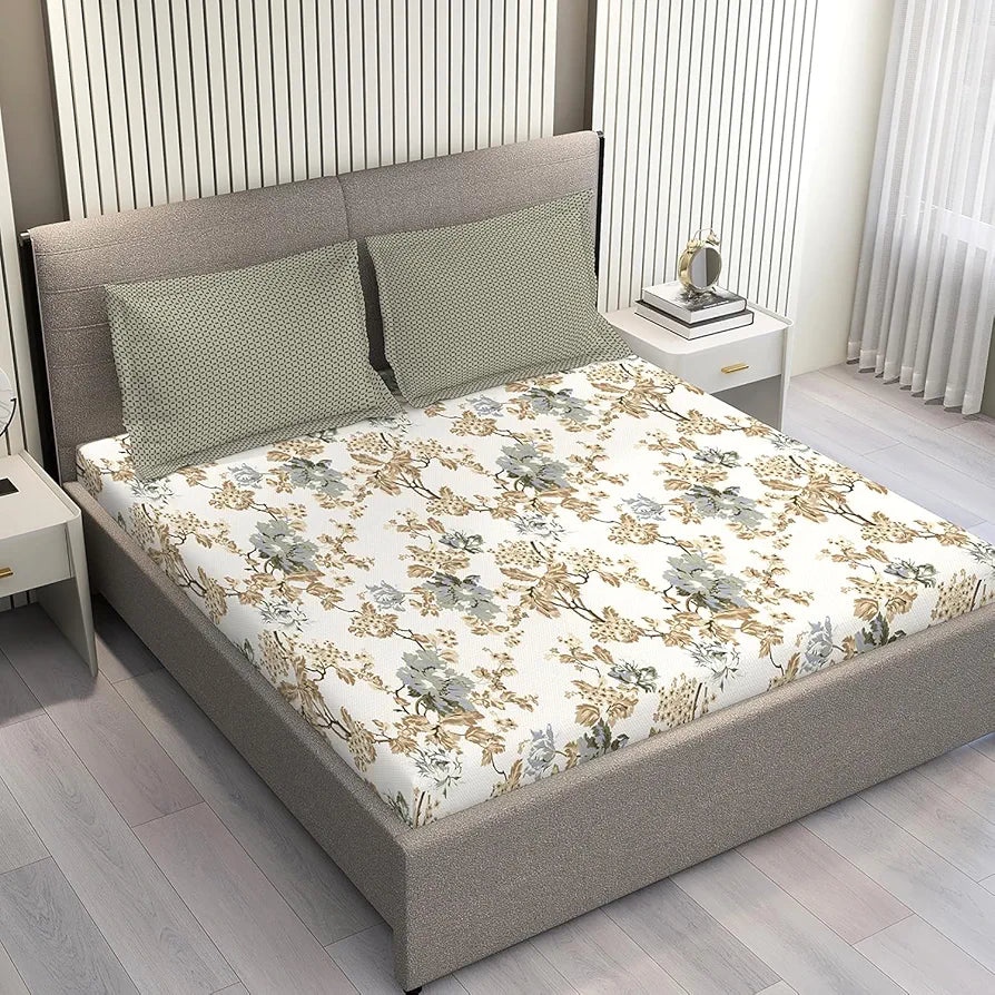 Layers Illuminating Homes Cotton Bedsheet Set for All Seasons Lightweight 144 TC Queen Size Brown Grey Floral