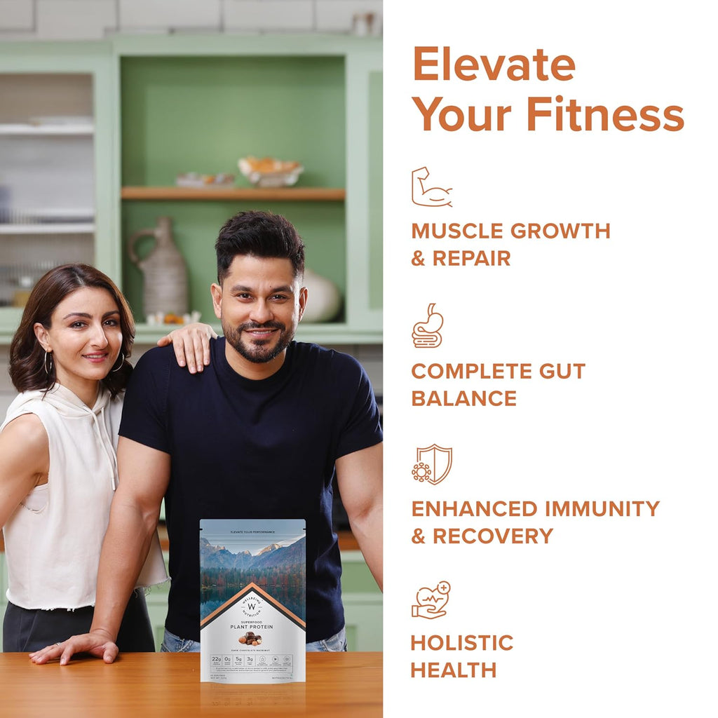 Wellbeing Nutrition Organic Vegan Plant Protein Isolate Powder | 22g Protein, 5g BCAA European Pea & Brown Rice Protein | Superfoods, Fiber for Muscle Growth & Recovery | Dark Chocolate - 500gm