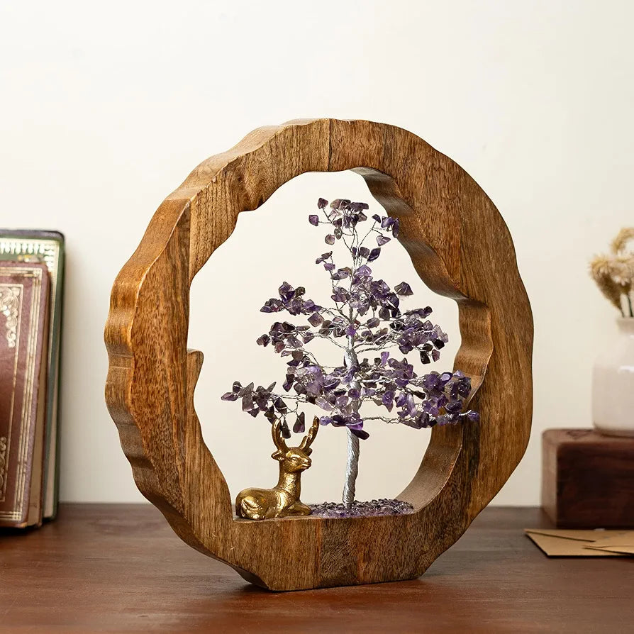 Ritualistic Amethyst Crystal Tree with Reindeer Handcrafted Feng Shui Gemstone Bonsai Tree