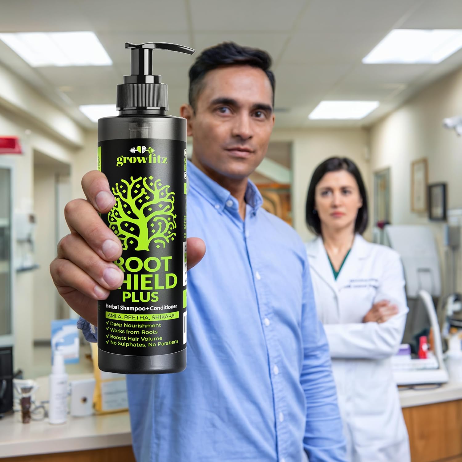 Growfitz 2-in-1 Herbal Anti-Hair Fall Shampoo + Conditioner for Unisex | 100% Ayurvedic | Dandruff Control, Boost Hair Volume For All Hair Types | AYUSH Certified | 33 Natural Herbs (Pack of 1)