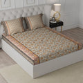 Cloth Fusion 186tc Glace Cotton Elastic Fitted Bedsheet for Double Bed King Size with 2 Pillow Covers Floral Beige