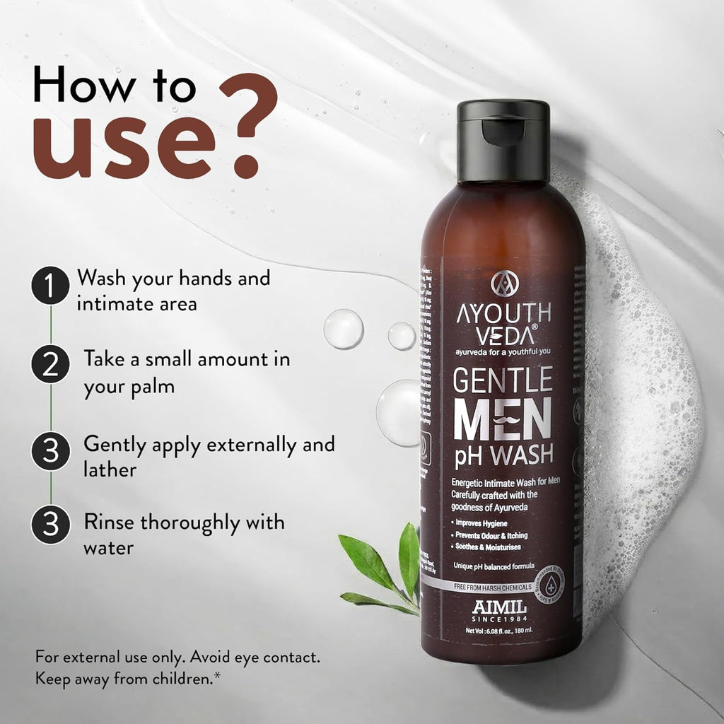 Ayouthveda Gentlemen PH Wash | Intimate Hygiene Wash For Men | PH Balancing Formula, Prevents Dryness, Itchiness & Bad Odor | Enriched With Aloe Vera, Haridra & Ashwagandha (Pack Of 1-180ml)