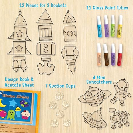 Imagimake Window Art Rocket 16 Pieces Glass Painting Set Astronaut Rover Space Designs