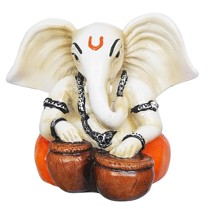 Ecraftindia White & Orange Polyresin Handcrafted Lord Ganesha Idol Playing Tabla Musical Instrument