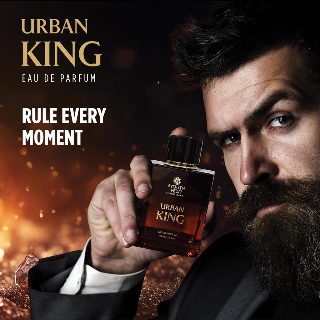 Ayouthveda Urban King Eau De Parfum for Men | Long-Lasting Luxury Perfume | Geranium, Patchouli, Spicy Warm Accord & Leather Notes | Bold & Confident All-Day & Night Fragrance | 100ml