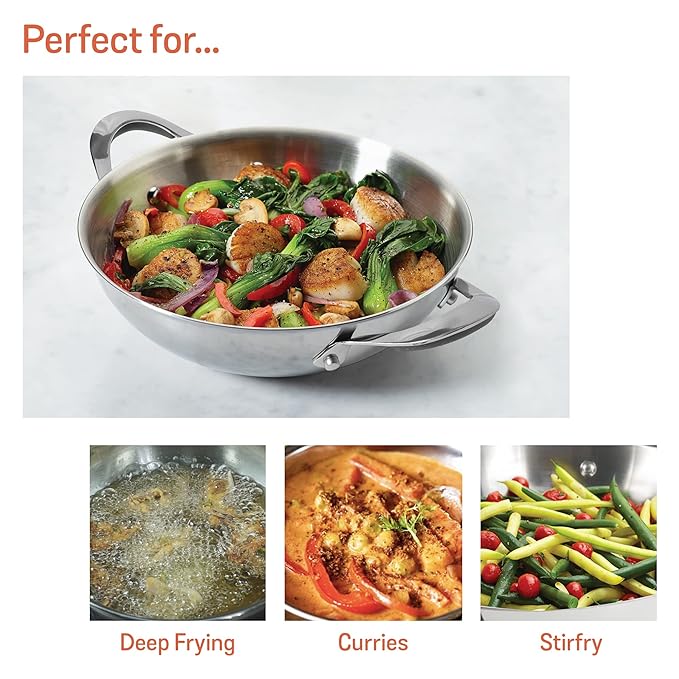 Meyer Select Nickel Free Stainless Steel Kadai with Glass Lid 22cm |1.91 Liters Silver