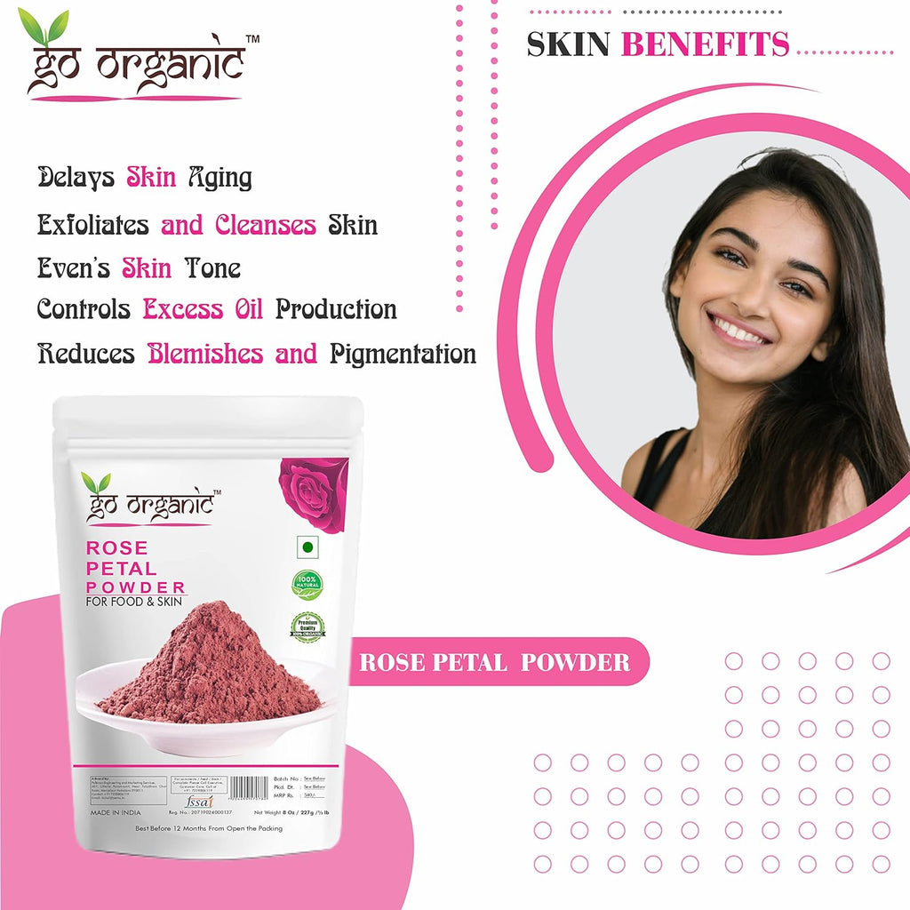 Go Organic Export Quality Rose Petal Powder for Skin and Food 227g - Natural Skin Toner with Vitamin C and for Antioxidant Protection