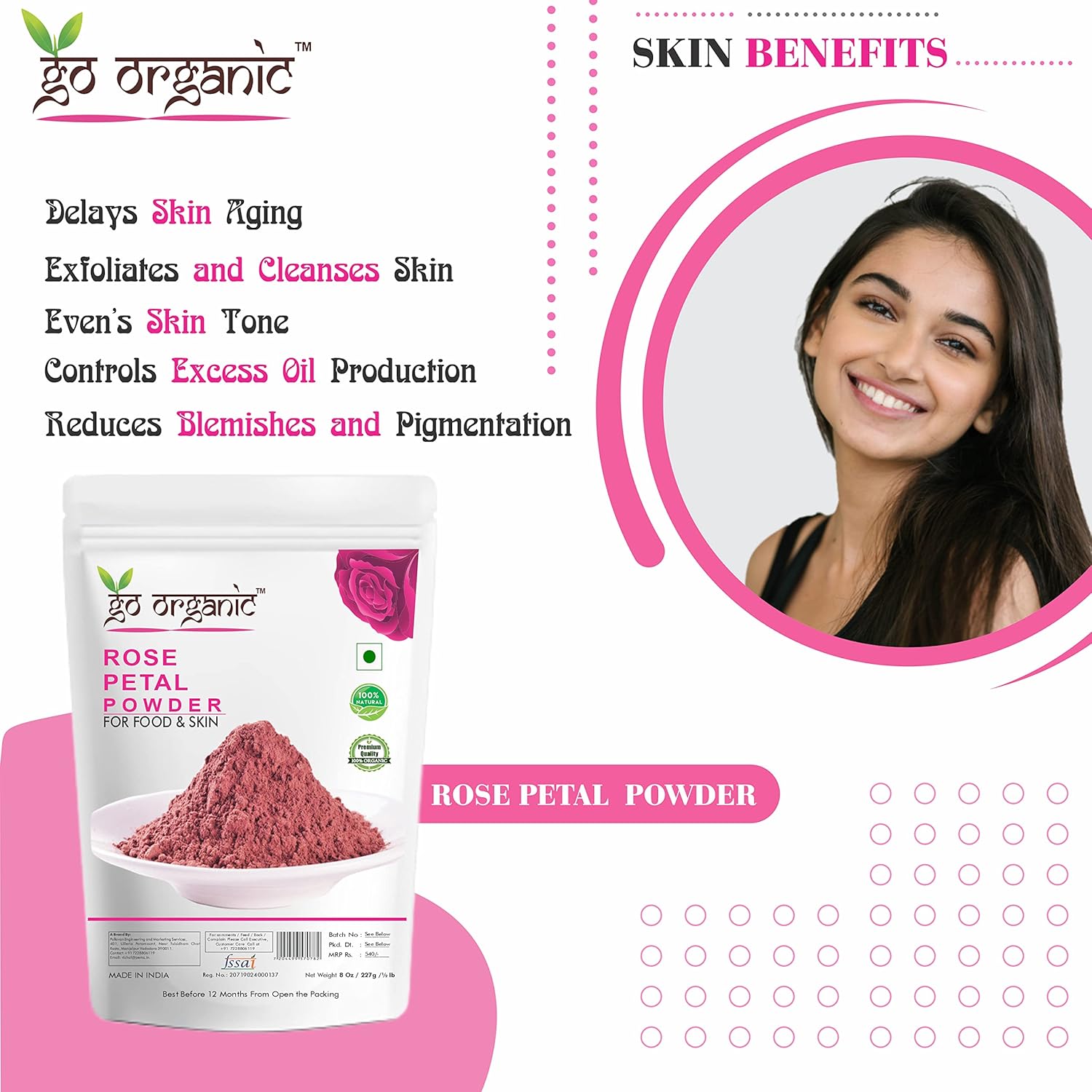 Go Organic Export Quality Rose Petal Powder for Skin and Food 227g - Natural Skin Toner with Vitamin C and for Antioxidant Protection