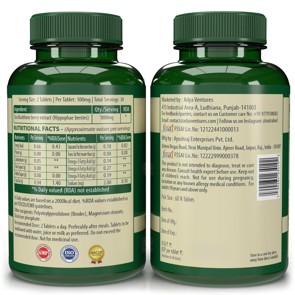 Nutrabud Organics Sea Buckthorn Berry Powder Capsules 1000mg - 60 Veg Tabs - Natural Source of Vitamin-A,C,E,K, Omega-3,6,7,9 & Antioxidants for Skin Glow & Collagen Boost (60 Count (Pack of 1))