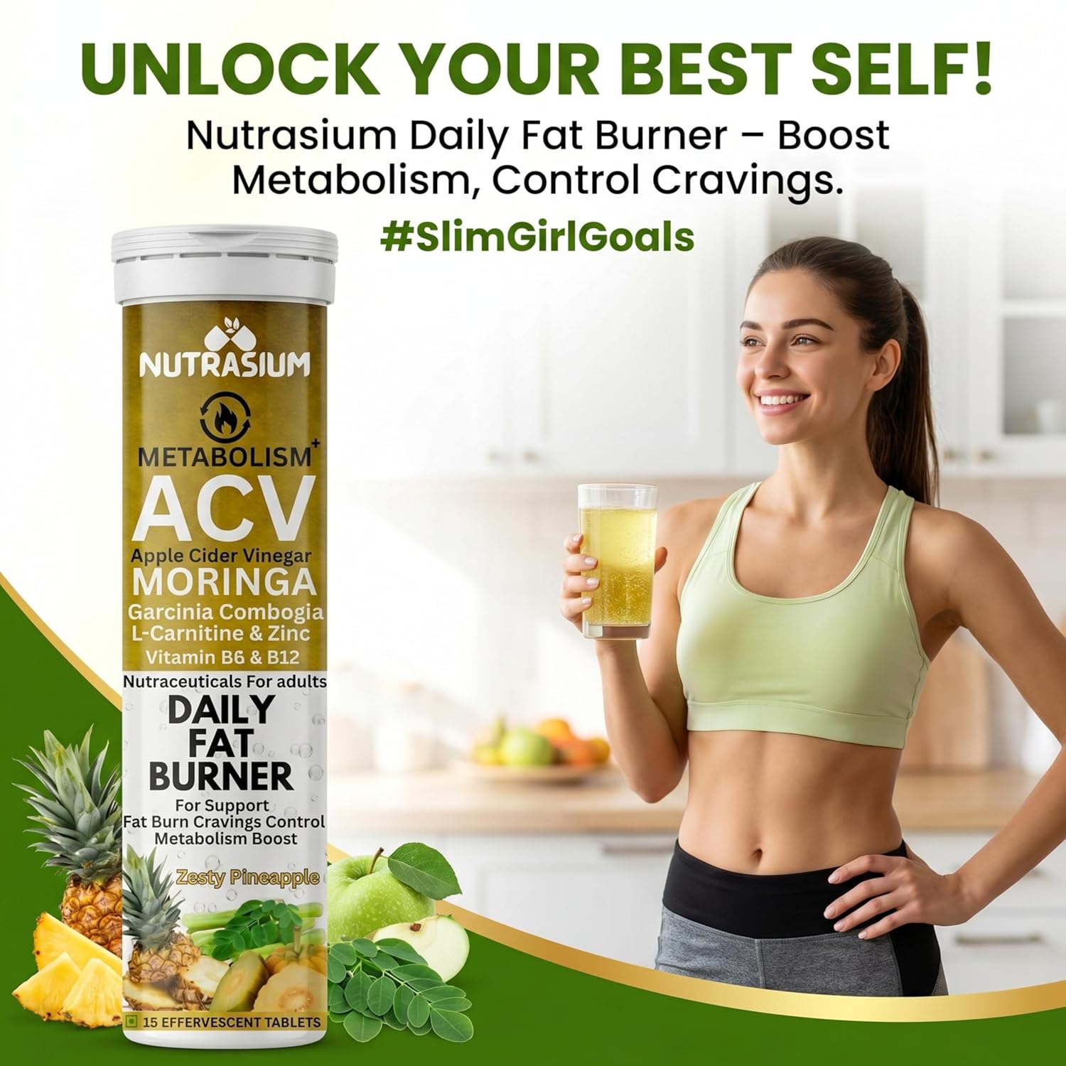 Nutrasium ACV Moringa Metabolism Plus | Apple Cider Vinegar Effervescent Tablet | For Supports Weight Loss, Control Cravings, Convert Fat Into Energy, Boost Energy & Immunity | 15 Tablets Pineapple
