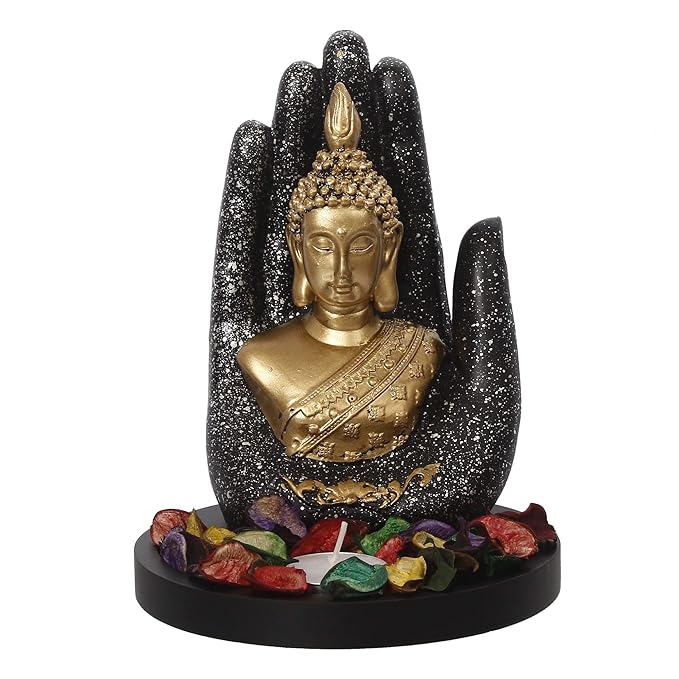 Ecraftindia Black Golden Resin Palm Buddha Statue Tea Light Holder | Lord Buddha Statue for Living Room