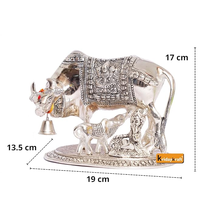 KridayKraft Kamdhenu Cow Calf with Bal Gopal Krishna Metal Statue for Good Luck Feng Shui As Table Top Idol