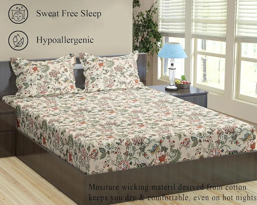 Trance Home Linen 144TC 100% Cotton 78"x60" Standard Queen Size Elastic Fitted Bedsheet Printed Queen Bed Size with 2 Pillow Covers Malhaar Colour Beige
