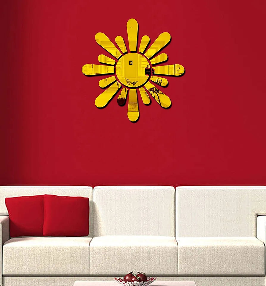 Bikri Kendra Sun Golden Model-12 Mirror Stickers for Wall, Acrylic Mirror Wall Decor Sticker