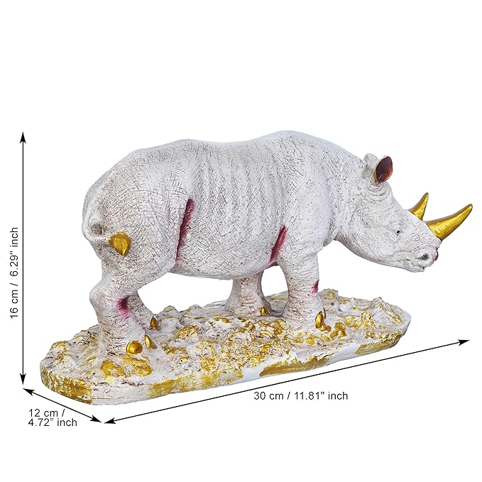Ecraftindia White Polyresin Rhinoceros Statue With Golden Horns Animal Figurine
