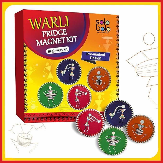 Solobolo Warli Art Painting Kit | Decorative Fridge Magnets for Kitchen | 4 Pre Marked Diy Painting Kit Fridge Magnets