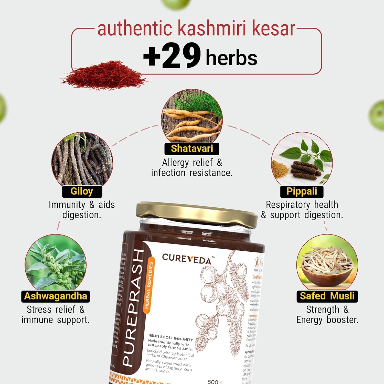 Cureveda Herbal Pureprash | Sugar-Free Chyawanprash with Jaggery and A2 Ghee | 30+ Herbal Extracts | Immunity Booster with Goodness of Saffron (Kesar) for Strength and Stamina | 500 g
