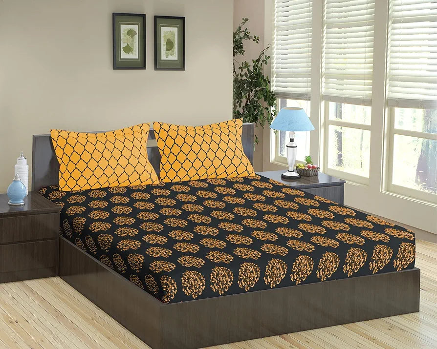 Trance Home Linen 200TC 100% Cotton 78"X72" Standard King Size Elastic Fitted Bedsheet Printed King Bed Size with 2 Pillow Covers King Damask&Dori Colour Warm Grey Mustard